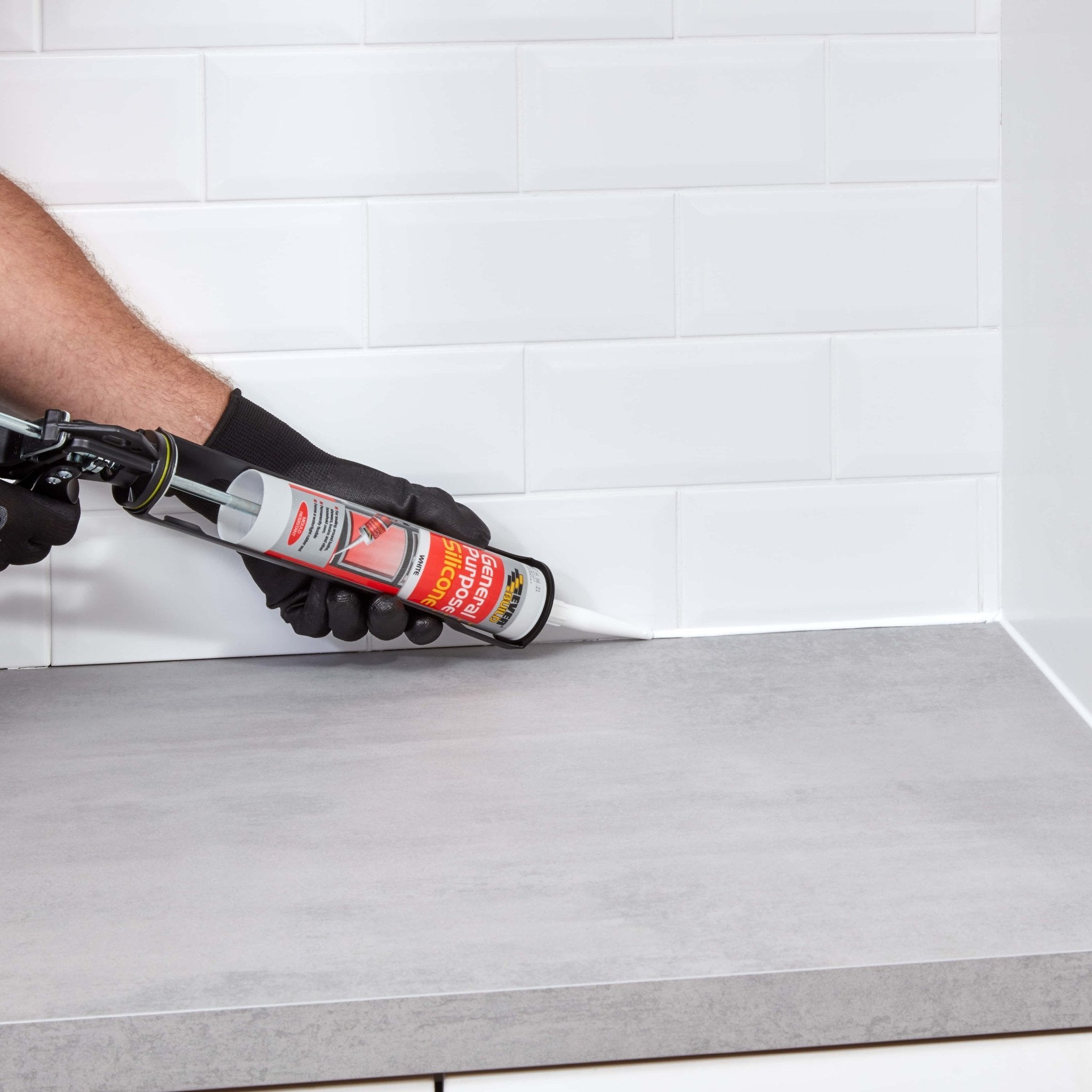 apply general purpose silicone everbuild white 280ml tube kitchen worktop tile splash back